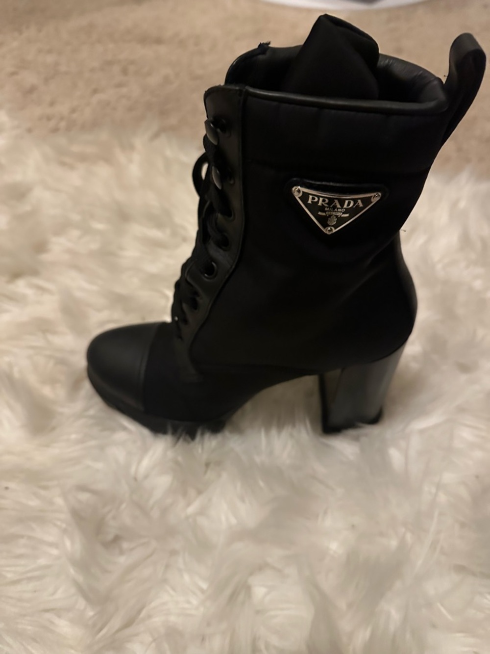 Prada Black Lace-Up Heeled Ankle Boots with Logo Plaque